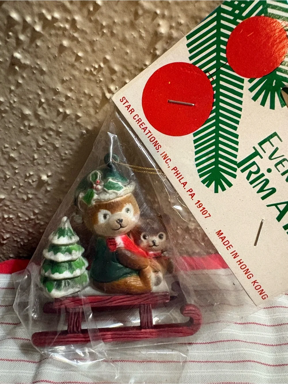 Vintage Holiday Bear Sled Ornament with Tree - Red & Green made in Hong Kong